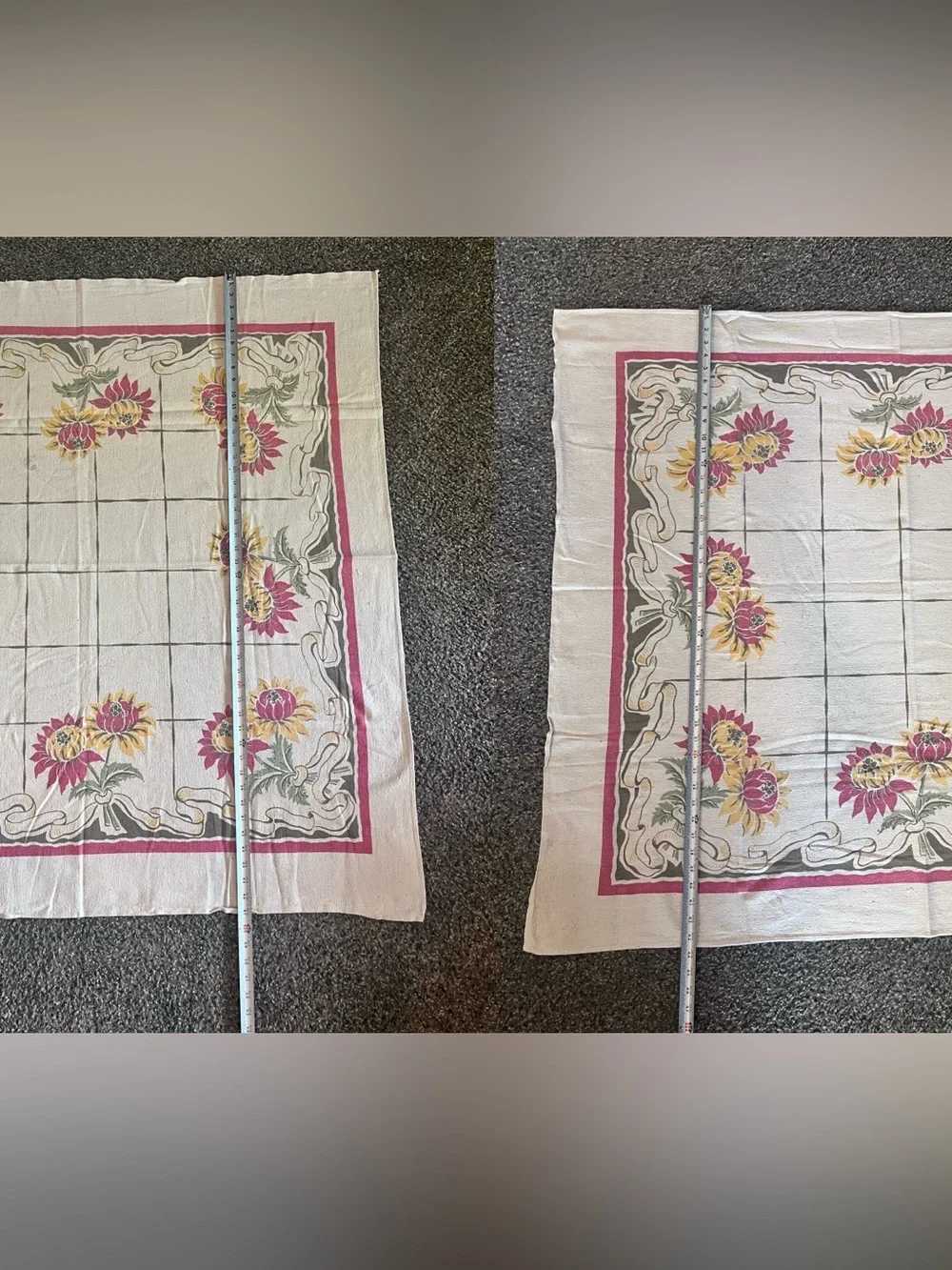 Set of 2 1950s tablecloths Pennsylvania PA Dutch Folk Art 56” Round & floral sq